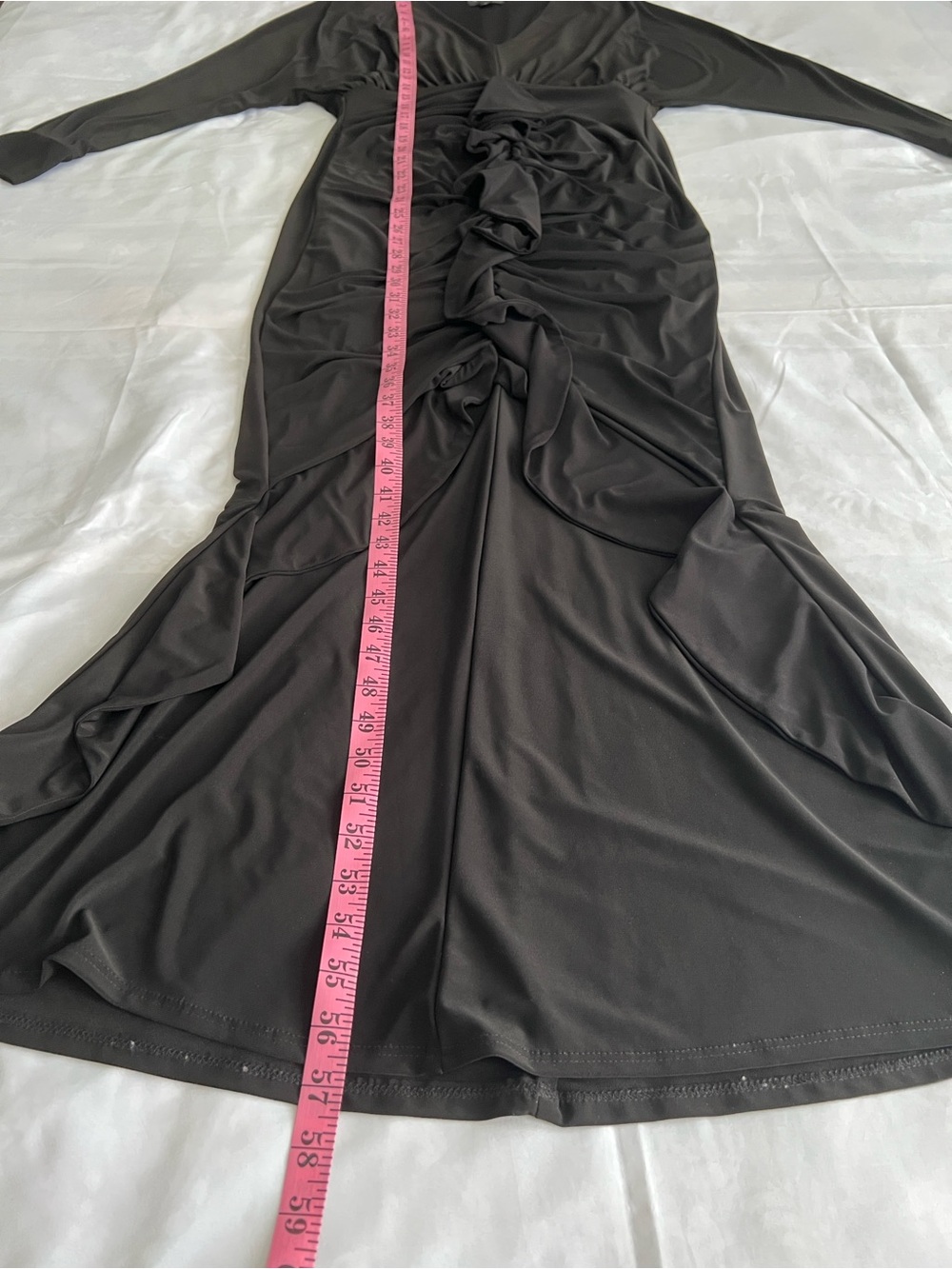 Xscape Black Ruched Ruffle Long Sleeve Evening Gown Size 6 - Picture 9 of 14
